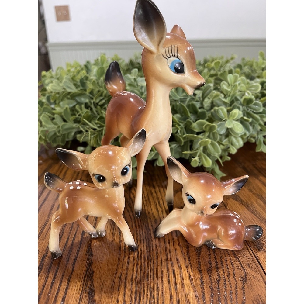 Plastic Fawn Deer Mom Babies BIG EYES Vintage CHRISTMAS LOT OF 3